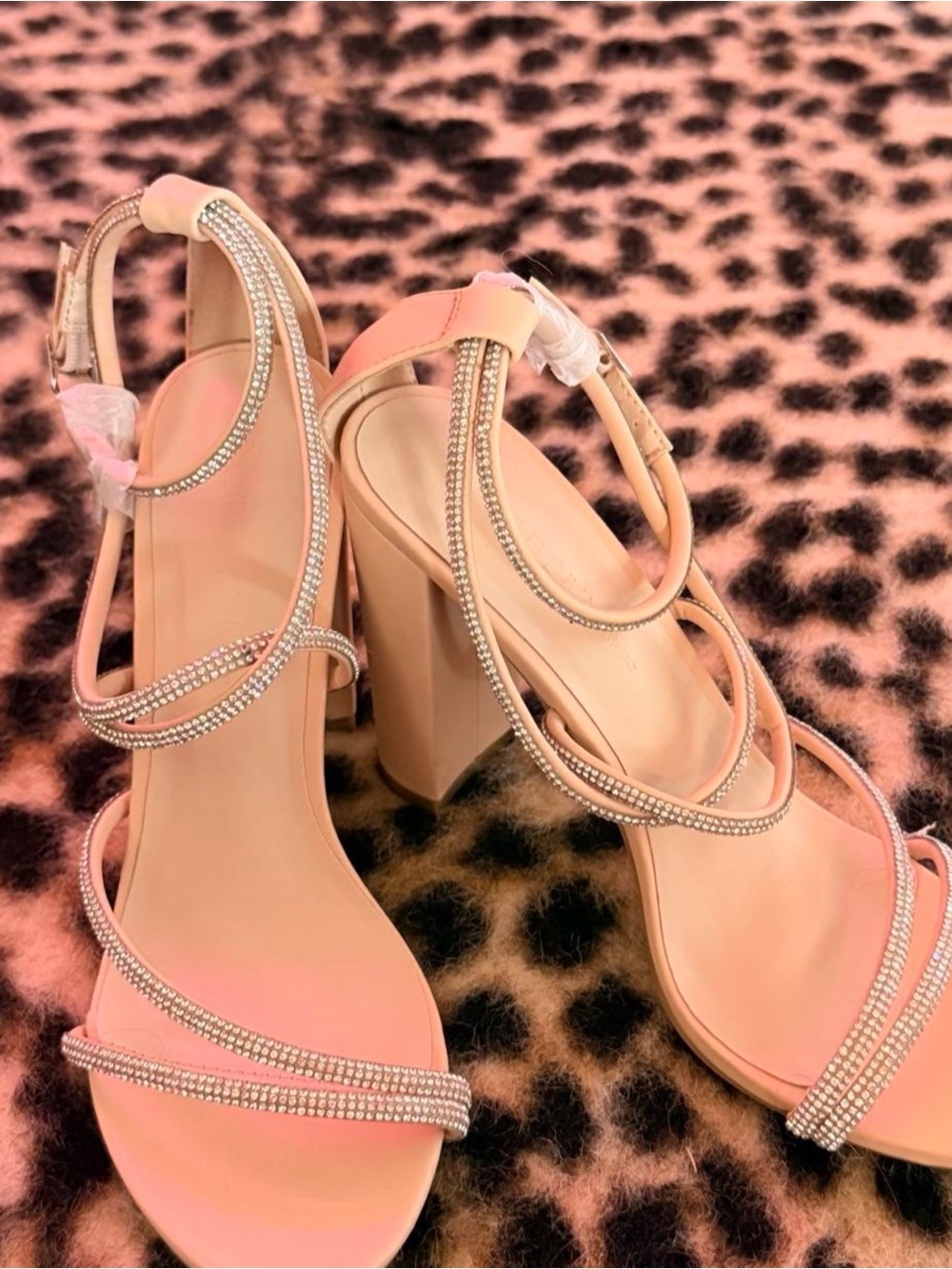 Elegant Blush Strappy Block Heel Sandals with Rhinestone Detail
